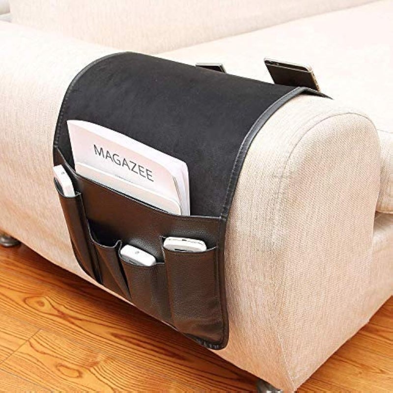 IPENNY No-slip Leather Sofa Couch Remote Control Holder Chair Armrest Caddy Pocket Organizer Storage Bag for Cellphone Tablet Notepad Book Magazines DVD Eyewears Drinker Snacks Holder Pouch - Image 1
